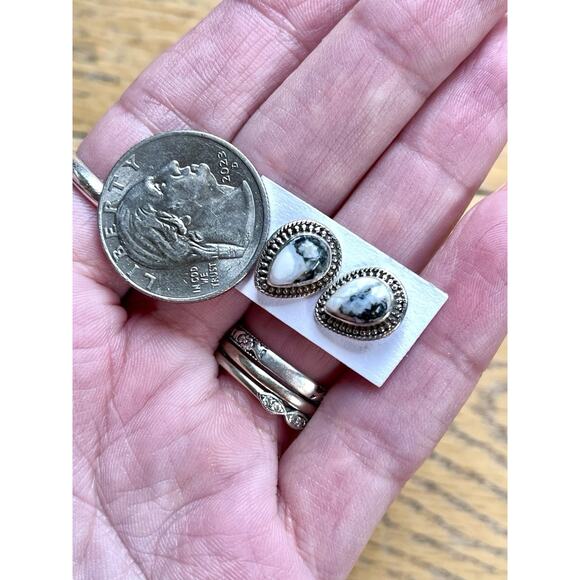 Sterling Silver White Buffalo Stud Earrings • Teardrop Western Southwest 1/2” - Picture 4 of 6